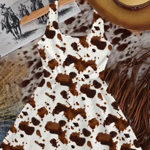 Cow Print Mini Dress – Sleeveless – White & Brown – Size M - Picture 5 of 8